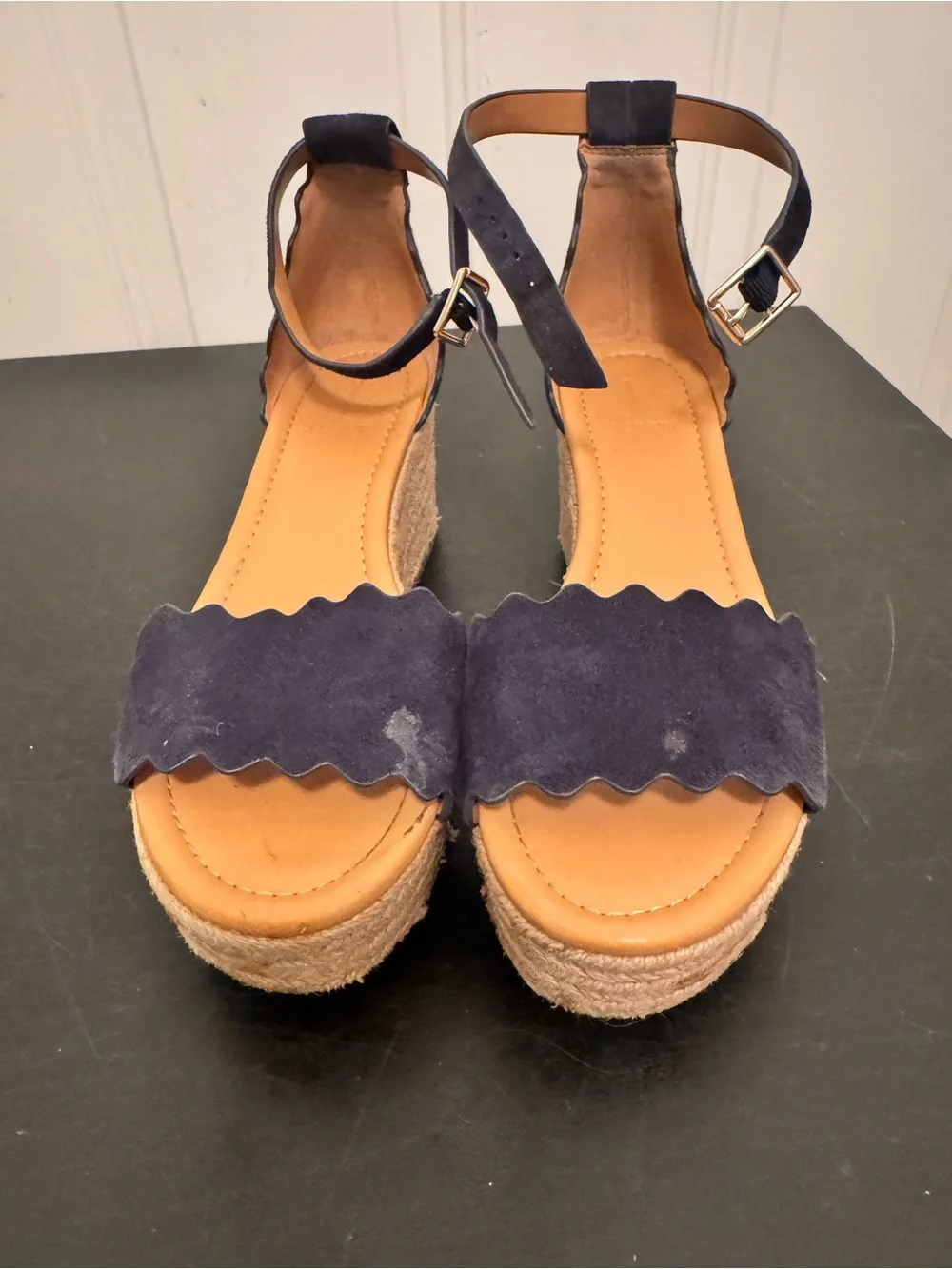 J. by J Crew Platform Suede Scalloped Flatform Espadrilles Wedge Sandal 8 Navy